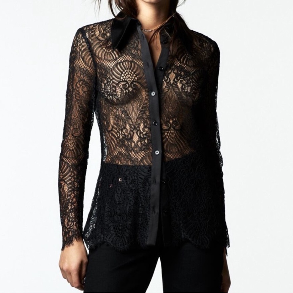 ZARA Black Lace Button-Down Blouse